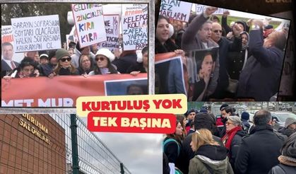 Halk  destek için döviz ve sloganlarla Silivri'de salon önünde